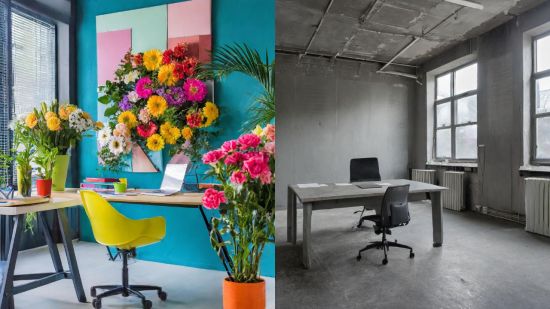 Ein buntes Büro mit Blumen vs. ein graues tristes Büro