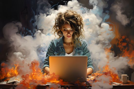 Frau am Schreibtisch mit PC umgeben von Flammen
